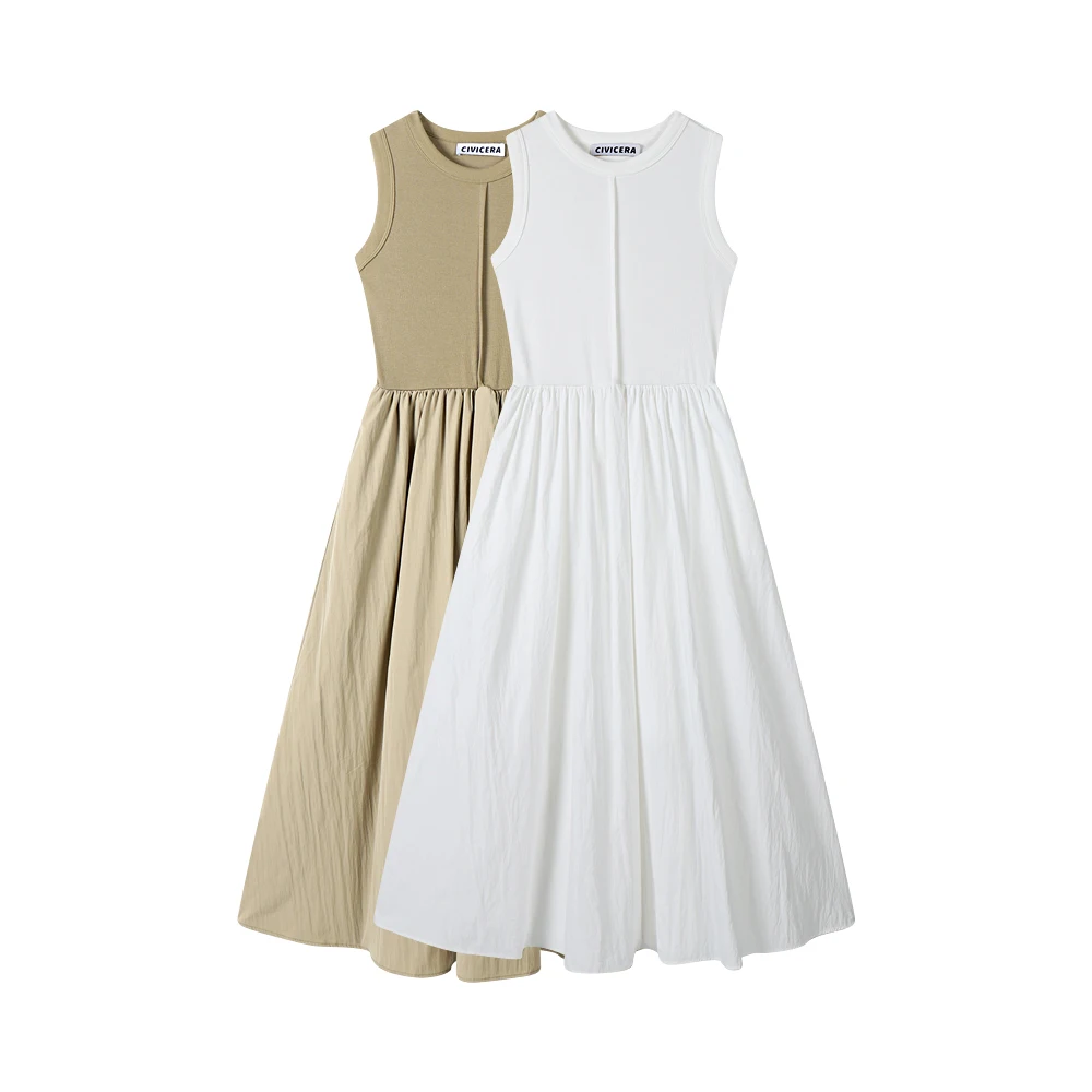 

New Women White Knit Sleeveless Dresses High Quality Casual Knitted T-shirt Long Dress Ladies Clothes