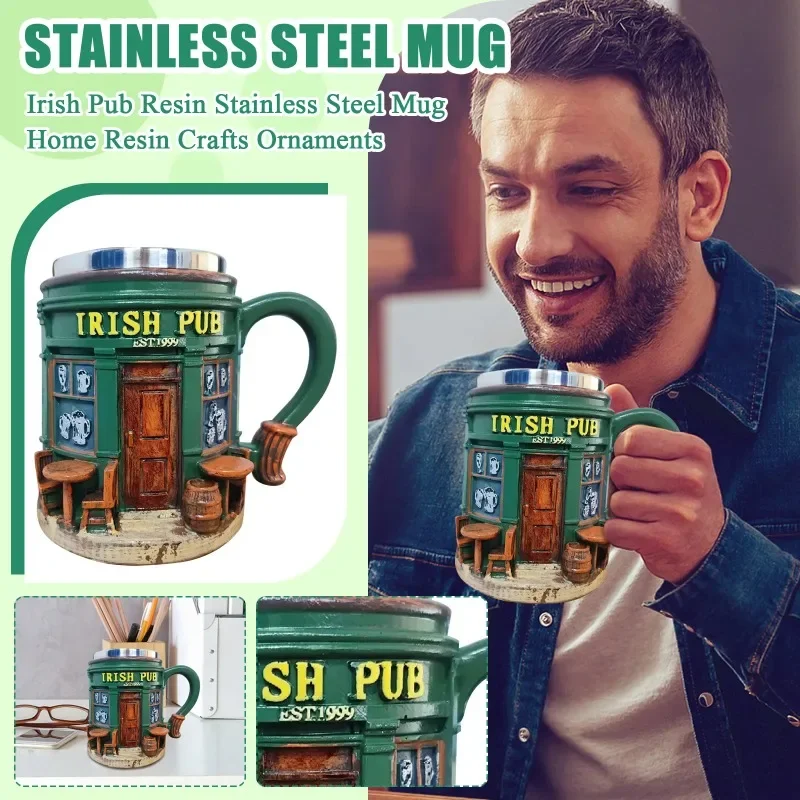 3D Irish Pub Resin Craft Mug with Stainless Liner, Beer Coffee Drinking Utensil Home Bar Decor Holiday Xmas Gift