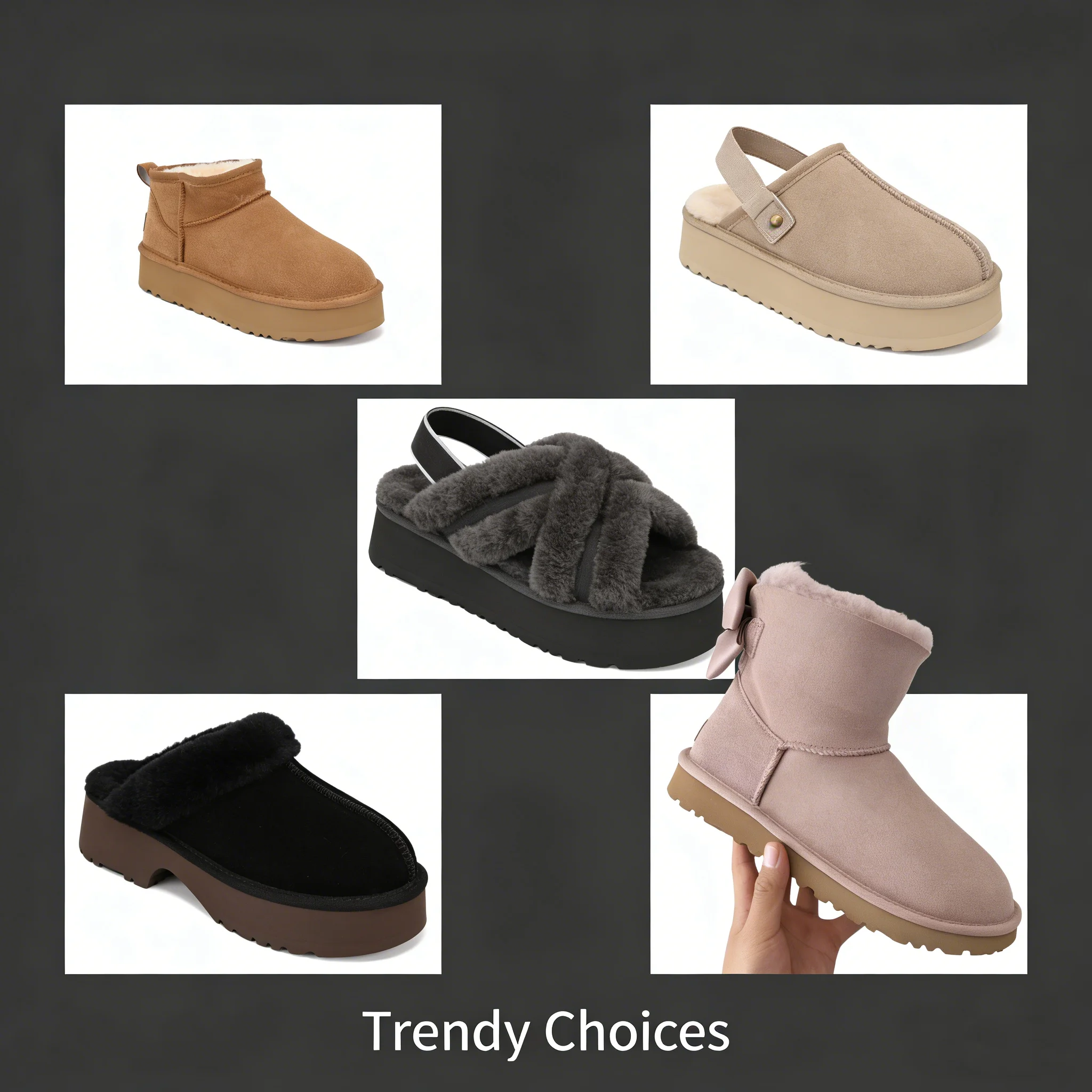 شعبية في أستراليا النساء الجلود صندل دافئ متعدد الأنماط النعال الفاخرة العلامة التجارية الشتاء الفراء Peeptoe حذاء القطن نصف النعال #6