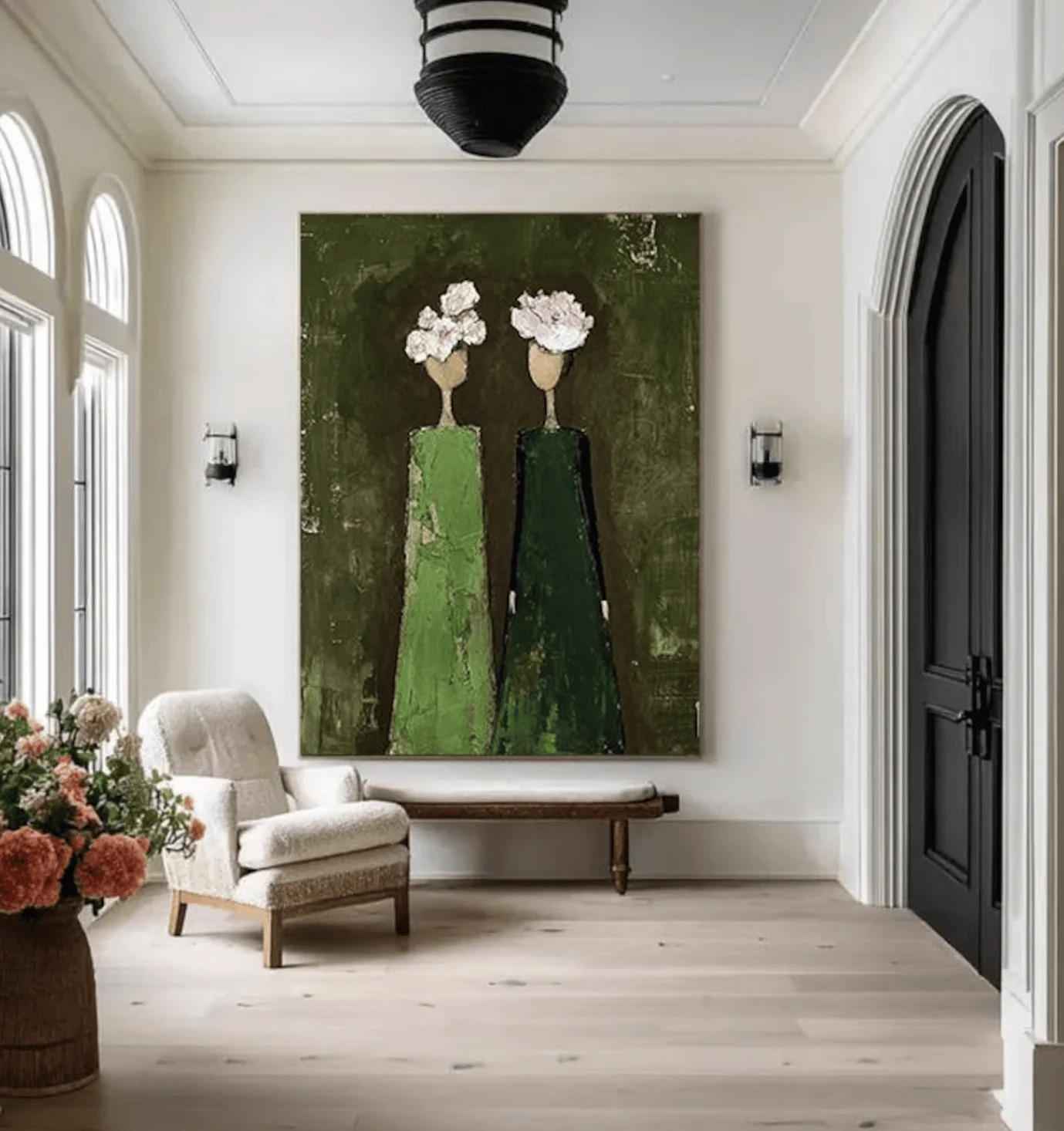Dark Green Abstract Lady Canvas Prints, Impasto Two Women With Floral Hat Posters Living Room Bedroom Wabi Sabi Home Decor