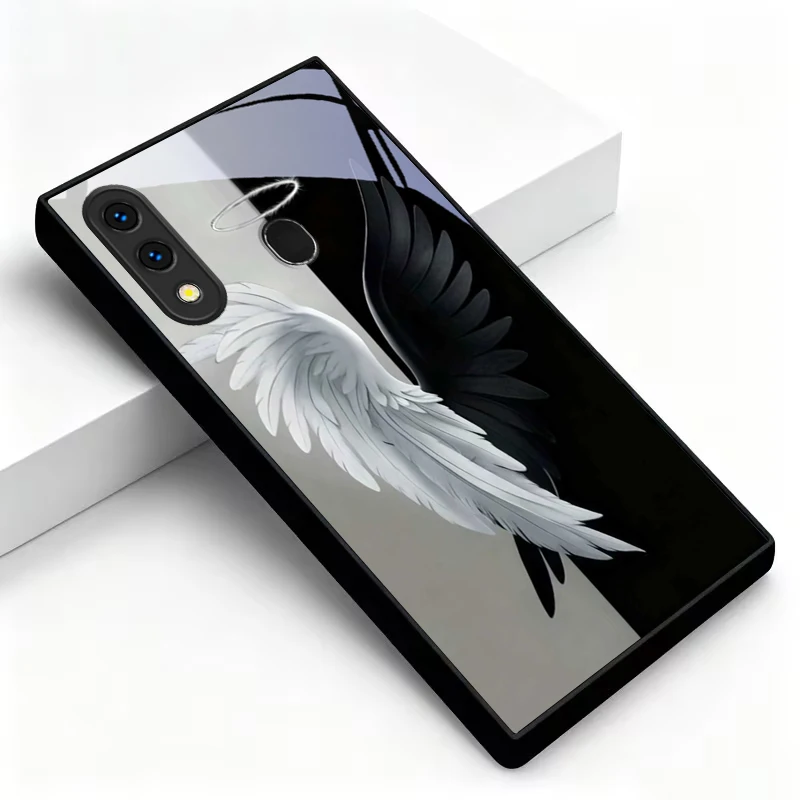 Angel Half Devil Wing Black Glass Phone Case For Samsung A30 31 A32 A33 A34 A35 A42 A20 A25 A26 A51 A56 A54 A72 A73 A70 4G Cover