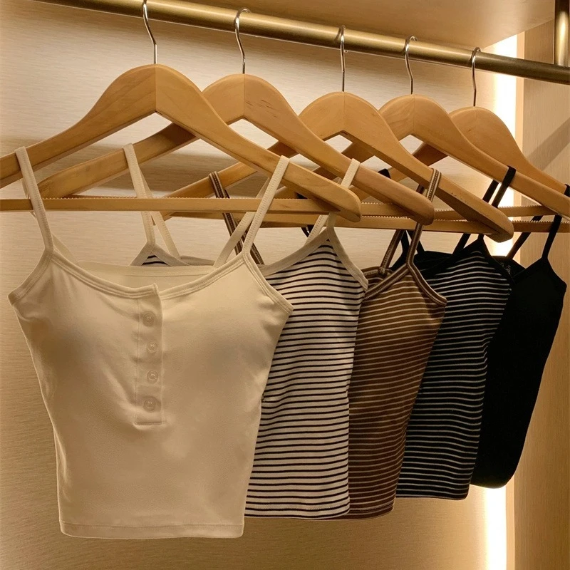 2026 Summer White Striped Women Camisole With Chest Pad Slim Crop Top Basic Inner Wear Button Decoration Tank Top