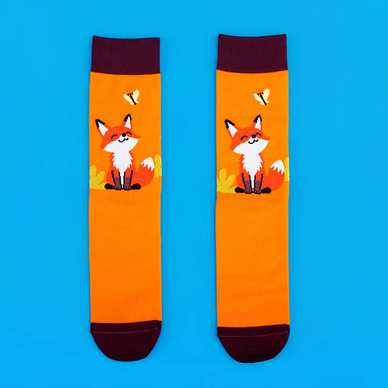 1 pair Cute Smiling Fox Mid-Calf Socks - Orange & Brown Contrast Cartoon Fashion Socks for Women - view 3
