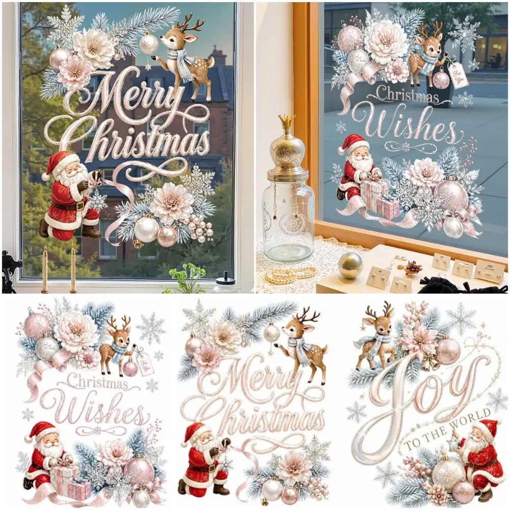 Pink Merry Christmas Window Sticker Static Cartoon Santa Deer Glass Cling Decals Electrostatic Xmas Tree Window Decals