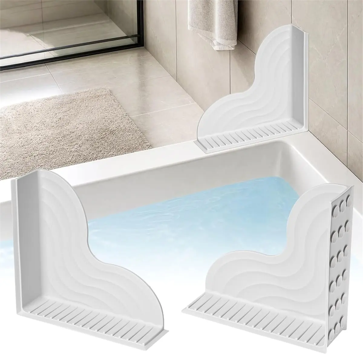RECOMMENDATION  2 Pack Silicone Shower Splash Guard, No-Adhesive Bathtub Corner Water Blocker with Suction Cups, Reusable