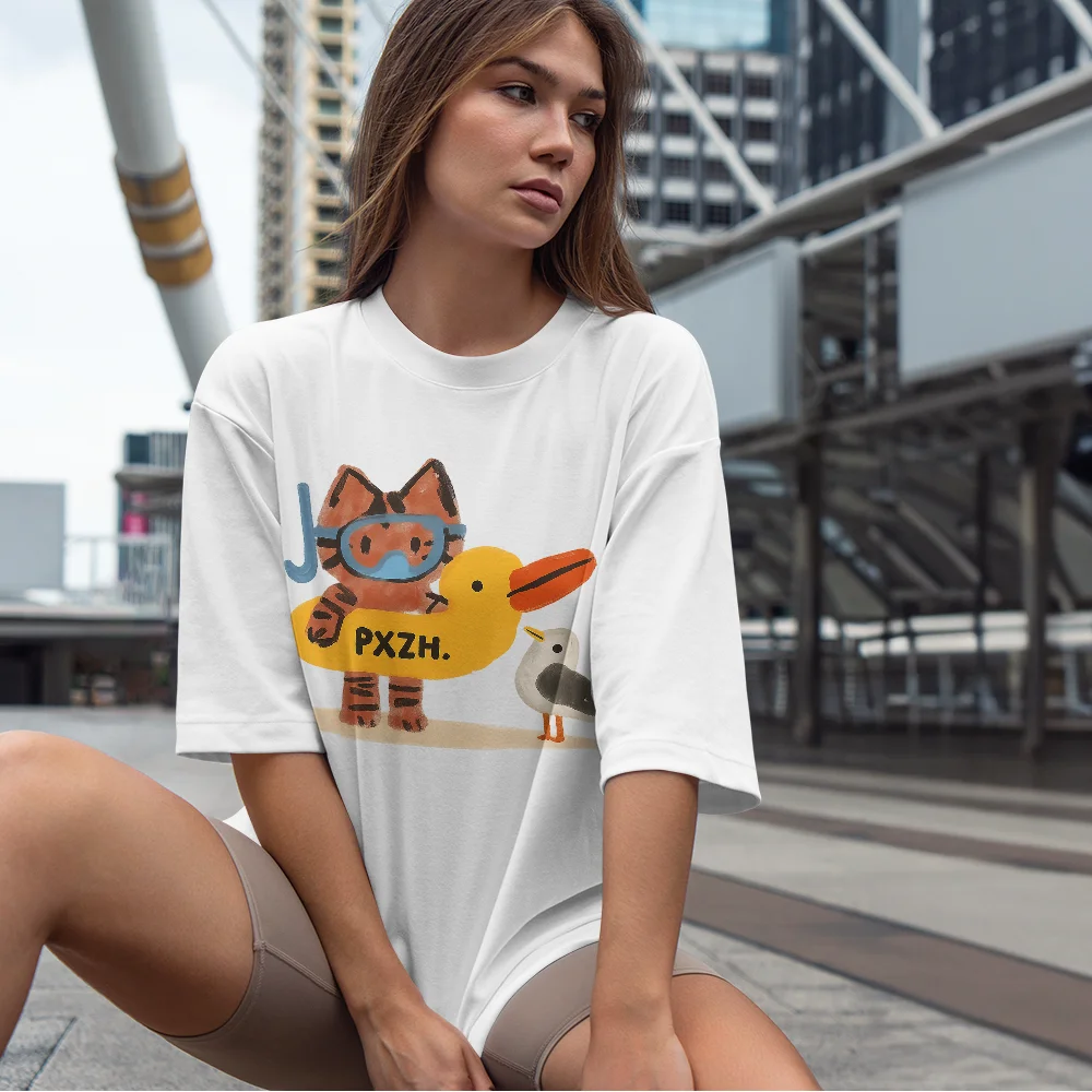 

Surfing Cat Print Women's Round Neck Short-sleeved T-shirt, Elastic Half-sleeved Fashion Print Women's Top