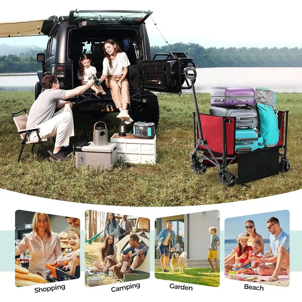 รถเข็นพับได้ รับน้ำหนักได้ 220 ปอนด์ ดีไซน์ไร้ขอบ สำหรับขนของชำ ทำสวน และตั้งแคมป์ สีแดง