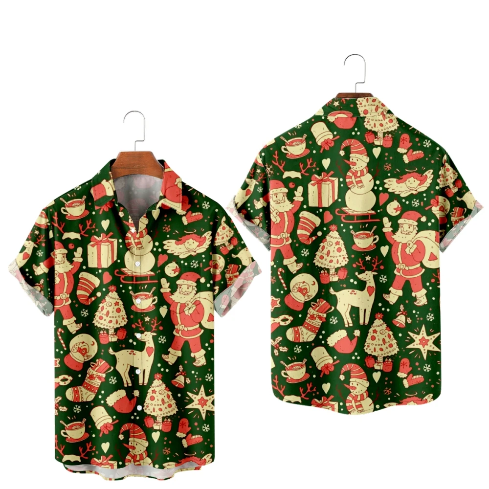 

Christmas Shirts for Men Cartoon Santa Claus Print Short Sleeve Shirts Hawaii Summer Beach Vacation Tops Breathable