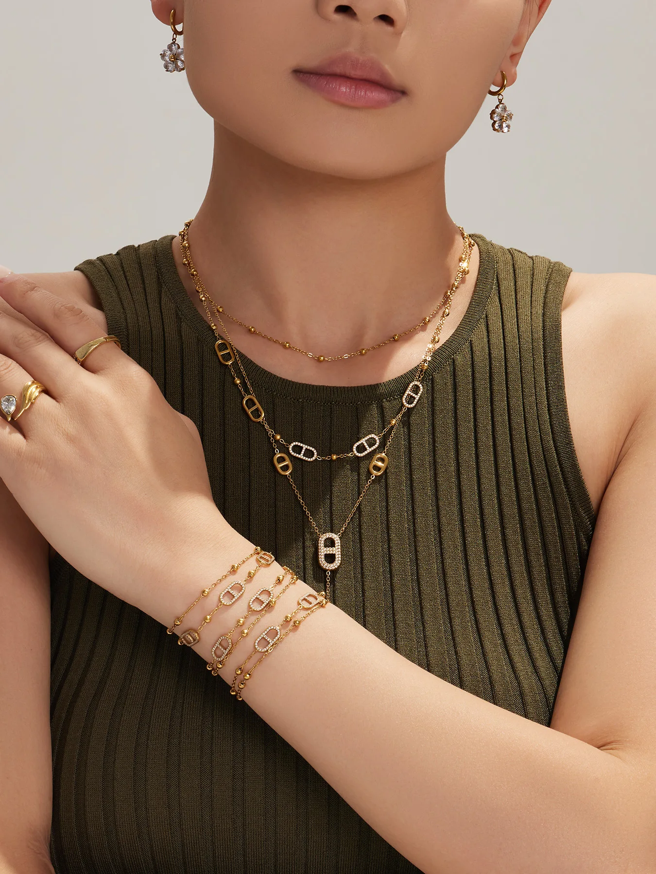 316L Edelstahl Y-Halskette Armband Set, Zierliche 18k Vergoldete Ketten-Halsketten und Armbänder, Statement-Schmuckset für Damen – Detail 2