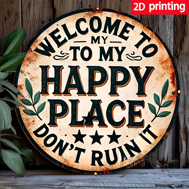 2D Flat, Welcome to My Happy Place Vintage-Metallschild – Rustikale 20,3 x 30,5 cm wasserdichte Wanddekoration mit Distressed-Finish, schwarzes Lett
