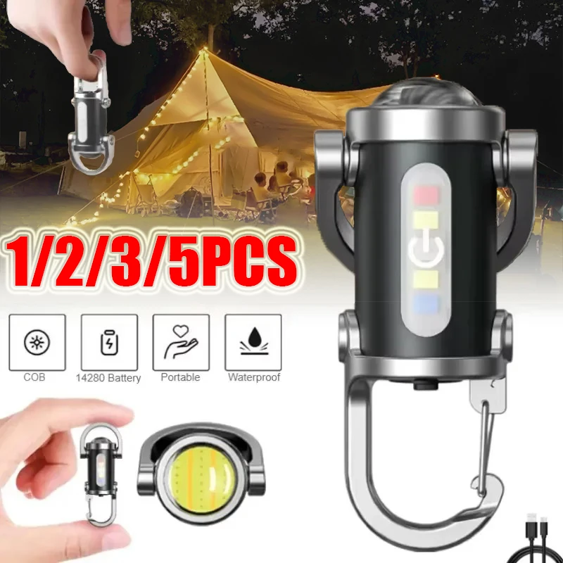 Pop 1-5PCS Mini COB Ultra Bright Rechargeable LED Flashlight Keychain Portable Waterproof Camping Pocket Lamp Keyring Hanging Li