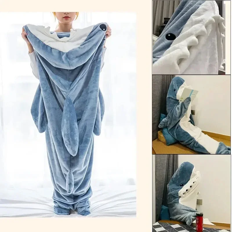 Cartoon Blue Gray Shark Blanket Sleeping Bag Pajamas Office Sleeping Suit Child Adult Plush Hoodie Fish Cosplay Costume Clothes