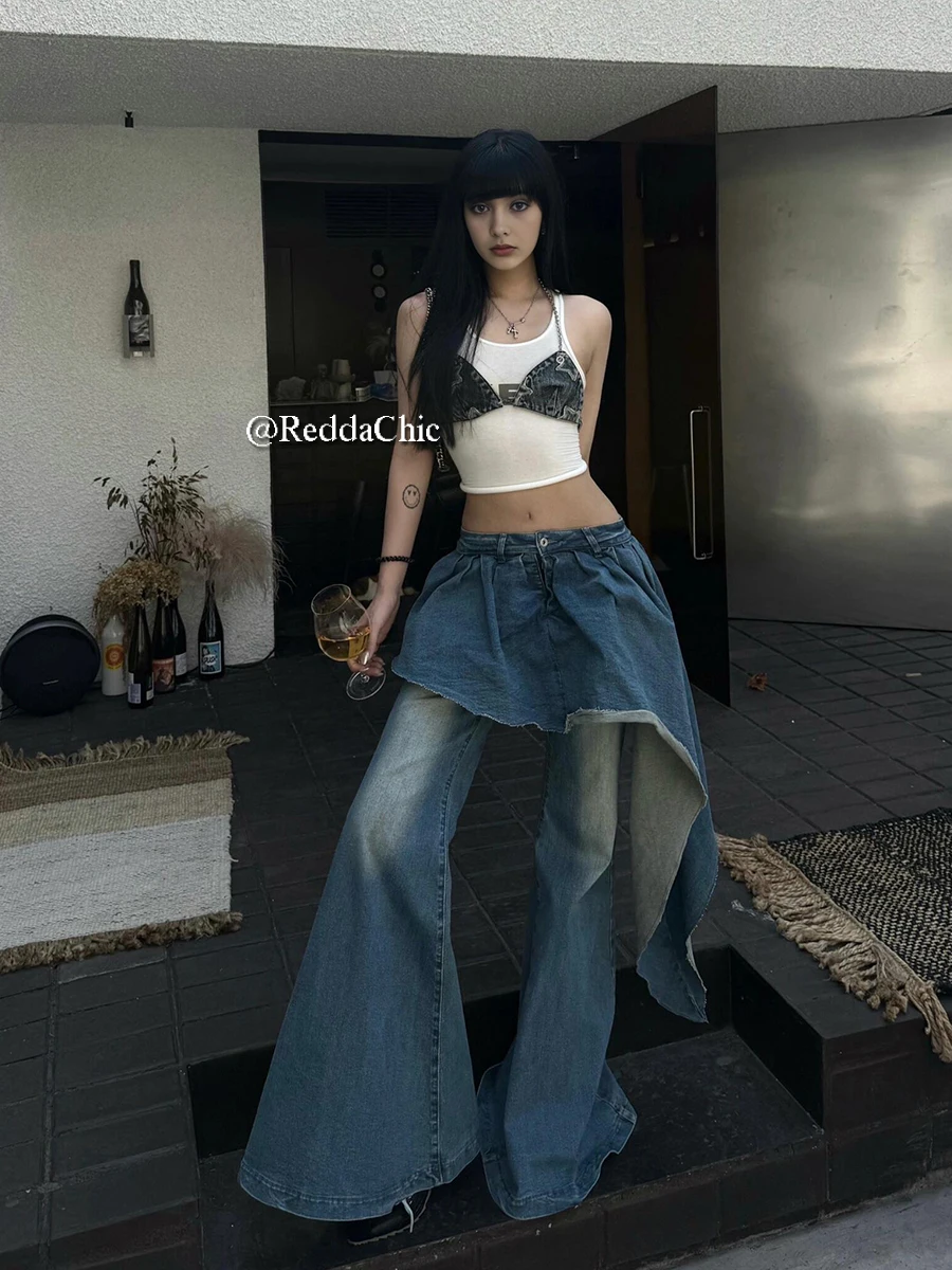 ReddaChic Y2k Skirt Overlay Boot Cut Pants Women Asymmetrical Wide Leg Fake Two-piece Flare Jeans Tall Girl Korean Streetwear