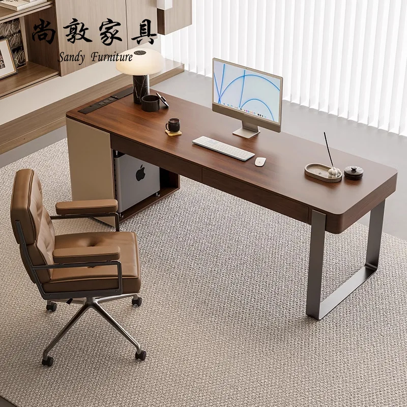 Medieval solid wood desk walnut high-end saddle leather computer desk Italian light luxury desk