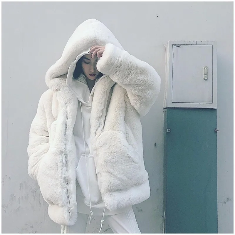 A new loose light mid-length hooded thick fur coat with blend of and for women