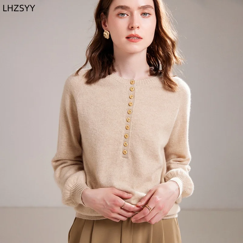 LHZSYY 100%Pure Goat Cashmere Sweater Ladies New Bubble Sleeve Pullover Buttons High-end Knit Base Shirt Autumn Joker Loose Tops