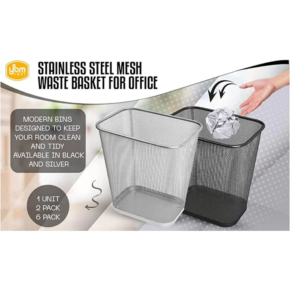 

Mesh Wastebasket Trash Can for Home and Office Workspace, Metal Office Trash Can Rectangular-Shaped, 3.5 Gallon (2 Pack Silver