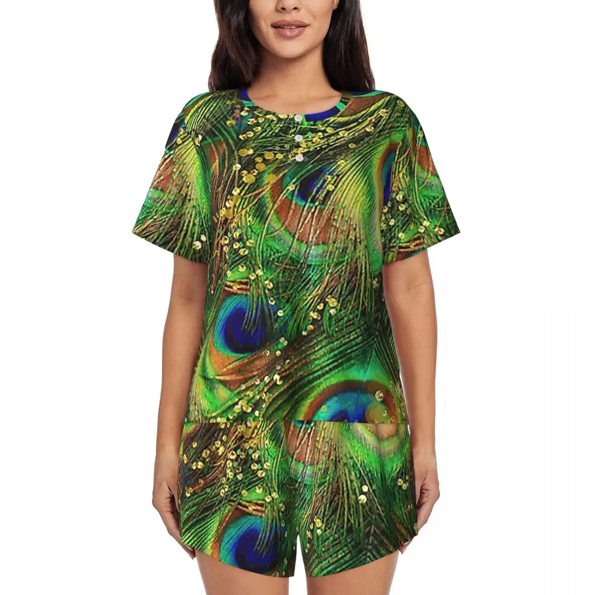 

Peacock Feathers Round Neck Short Sleeves Nightdress for Sleeping Sleepshirts Women Soft Pajama Set Short Pants