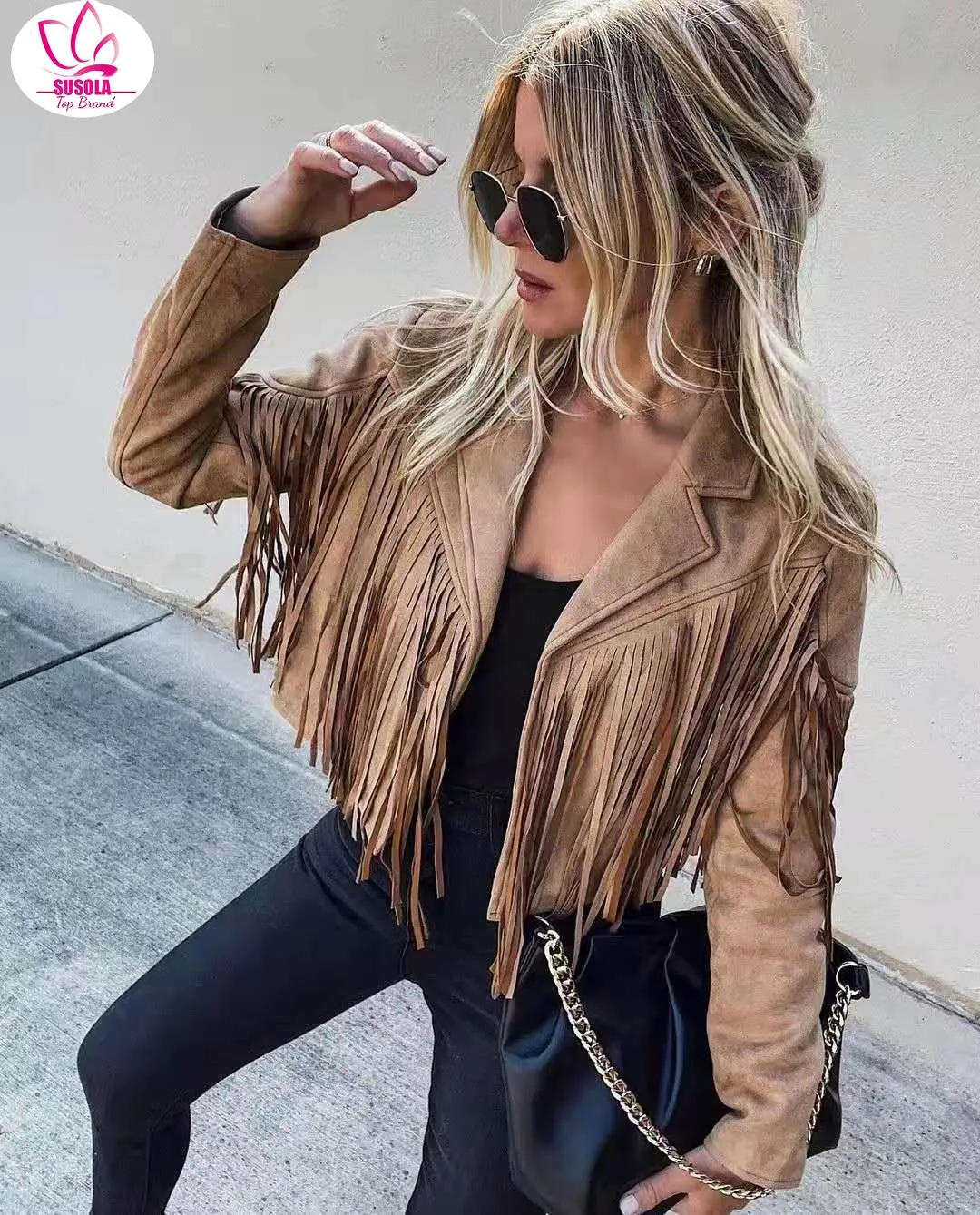 Women Fringed Hem Tassel Cardigan Crop Tops E-girl Motor Biker Jacket Suede Leather Jacket 90s Vintage Streetwear Coat Cool