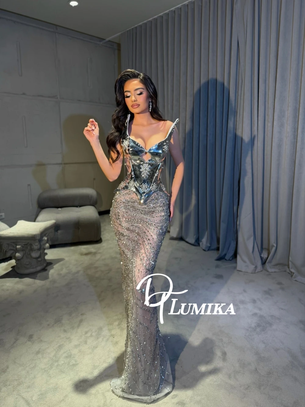 

Silver Metallic Corset Mermaid Evening Dress Women Beaded Sheer Mesh Sexy Deep V Neck Formal Richly Gown For Prom Wedding Party