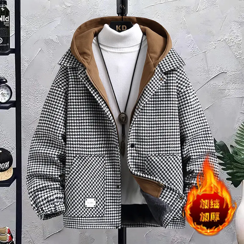 

Модные клетчатые хлопковые куртки с двумя капюшонами для мужчин, зимняя бархатная теплая куртка, корейское повседневное пальто, социальная мужская одежда