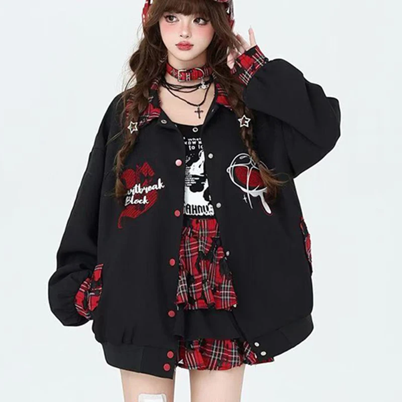 미국 서브컬쳐 패치워크 재킷 여성 싱글 브레스티드 체크 루즈 베이스볼 코트 고딕 캐주얼 스트리트 힙합 아우터웨어