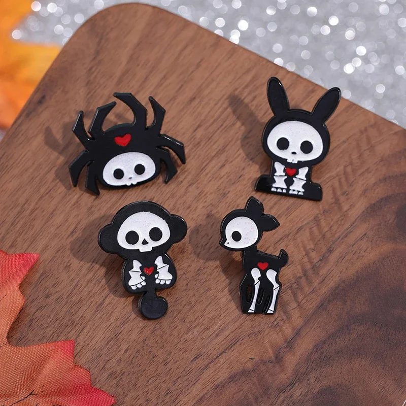 Gothic Animal Enamel Pin Badge Spider Dog Rabbit Deer Brooch Custom Kids Gift Decoration Halloween Skeleton Black Punk