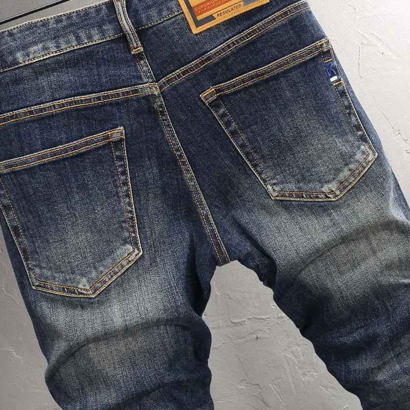 Fashion Designer Men Jeans High Quality Retro Washed Blue Elastic Stretch Slim Fit Ripped Jeans Men Vintage Casual Denim Pants