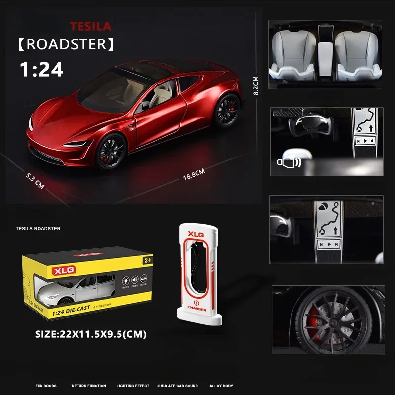 Simulation 1:24 Scale Tesla Roadster Convertible Sport Car Model Alloy Collective Miniature Voiture Sound and Light Boy Car Gift