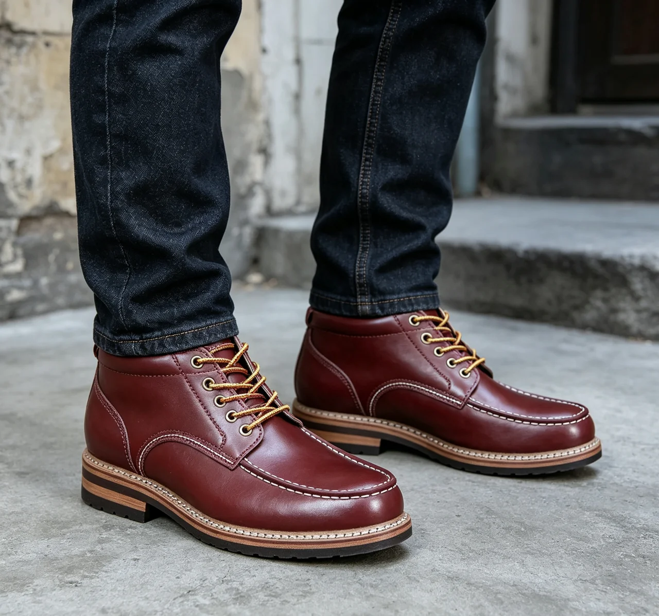 XXW390 Vintage Moc Toe Men Leather Shoes, Hand Welted Stitching Thick Block Sole, Casual Street Walking Work Footwear For Men
