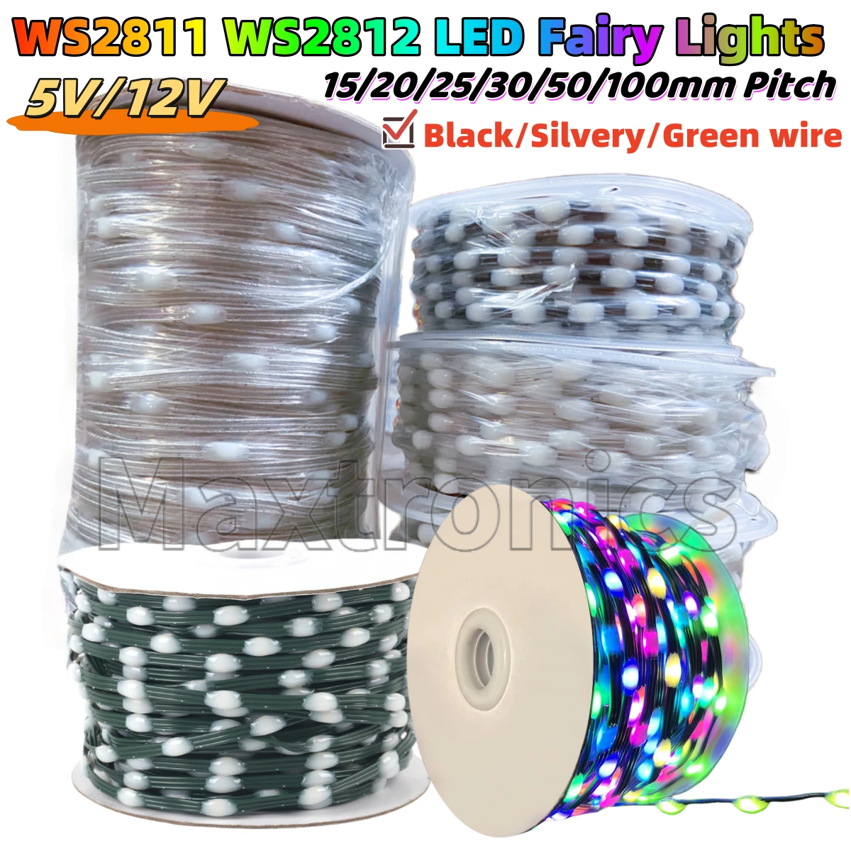 Programmable DC5V/12V LED String Lights Black/Silvery/Green Wire 15/20/25/30/50/100mm Pitch Dream Color WS2811 WS2812 Fairy Lamp
