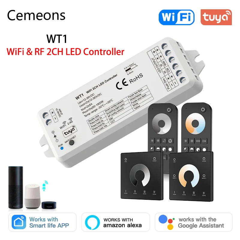 Tuya WiFi LED 조광기 12V 24V 36V DC 2CH 스마트 2.4G RF 무선 원격 조광 스위치 WW CW CCT 컨트롤러 WT1