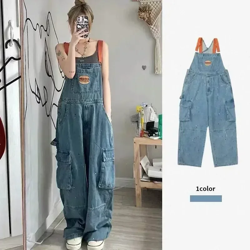 Women's Autumn/Winter Large Loose and Slim Retro One Piece PantsCool Girl Style Embroidered Spicy Ink Denim Strap Jumpsuits