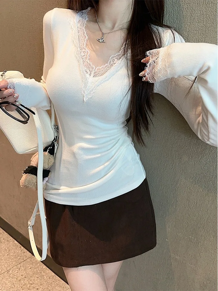 

Lace Patchwork V-Neck Long Sleeve Knitted Sweater Women's Tight Fit Inner Wear Pure Desire Flocking White Base Top