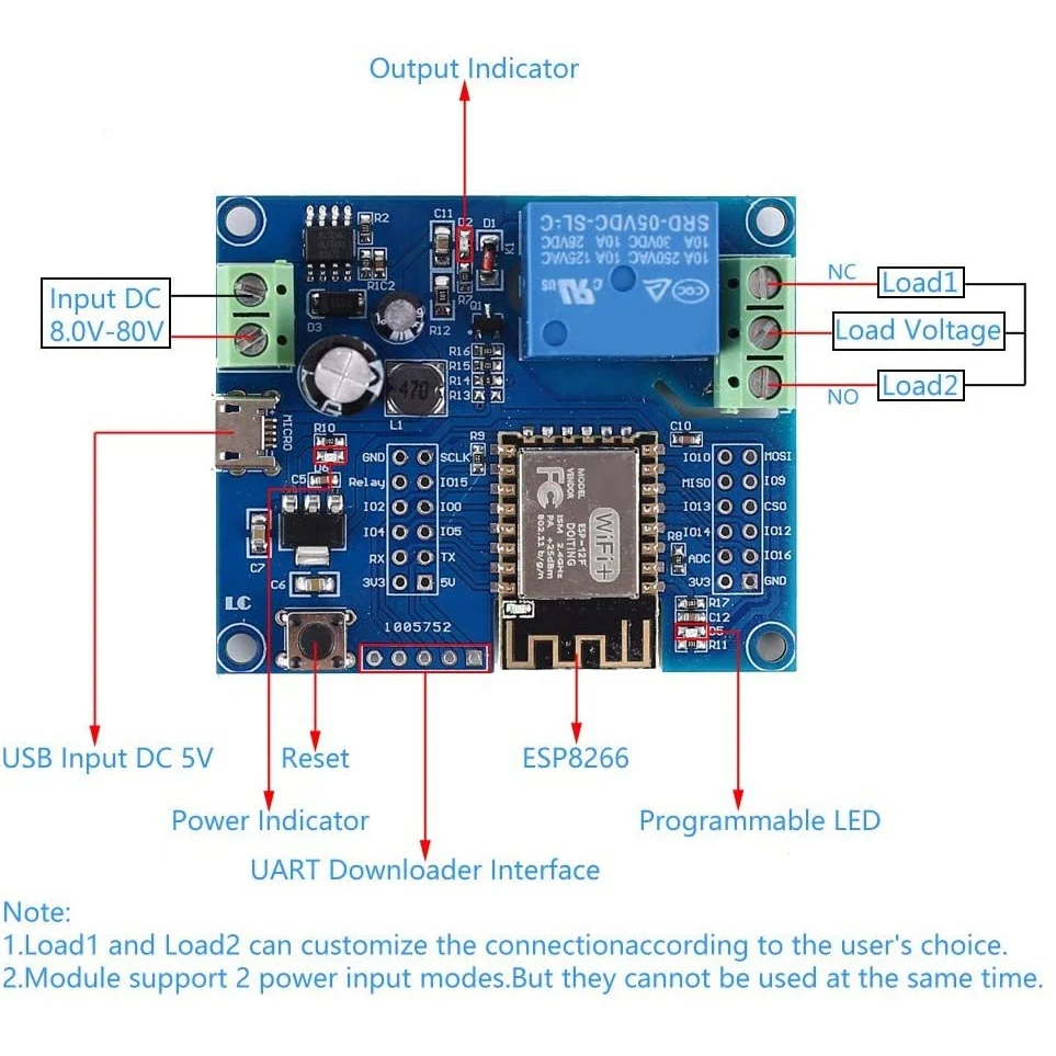 WIFI Relay Controller Module, DC 5V 8V-80V ESP8266 Wireless Controller Module ESP-12F for IOT Smart