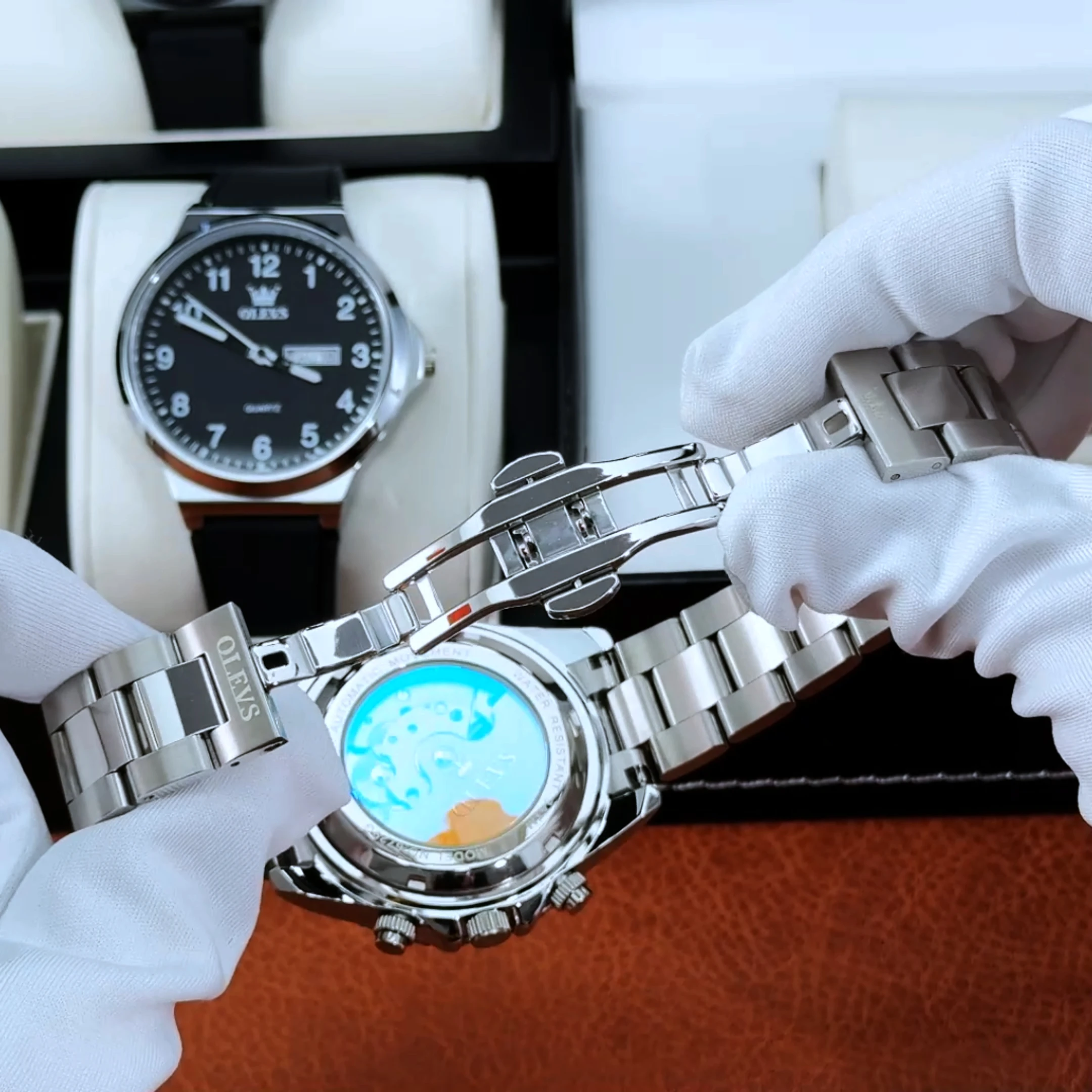 ساعات OLEVS من أفضل العلامات التجارية للرجال، ساعة يد ميكانيكية أوتوماتيكية أصلية من الفولاذ الفاخر مقاومة للماء، تقويم مرحلة القمر