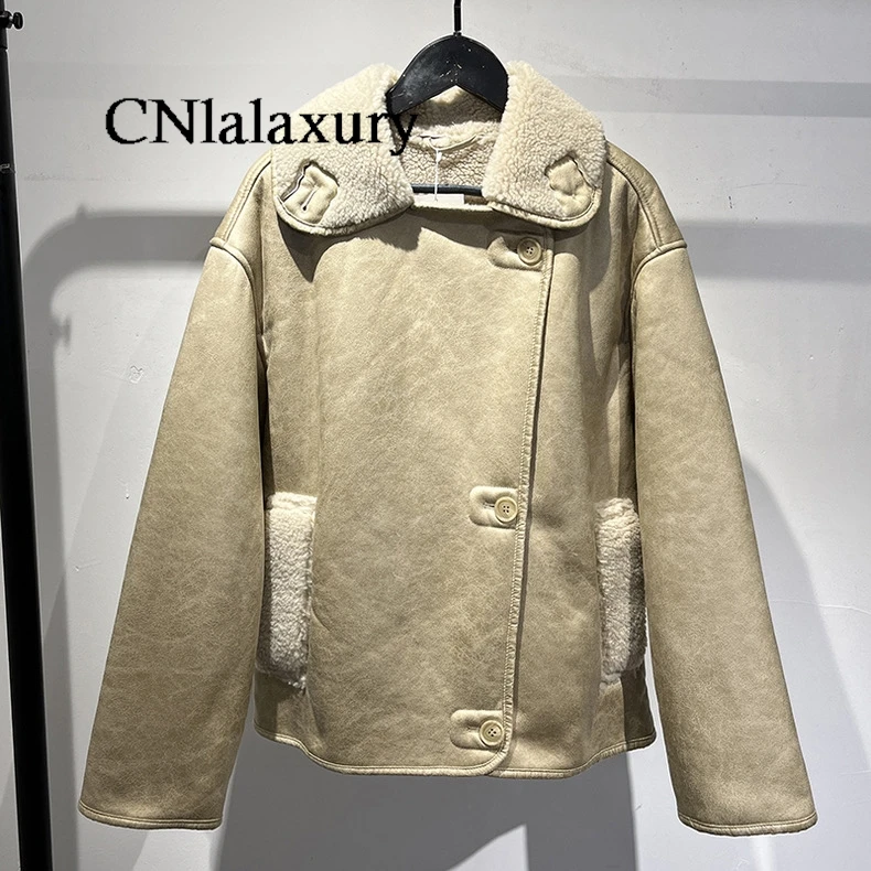 CNlalaxury Winter Women Lamb Wool Thick Jacket Vintage Faux Leather Outwear Single Breasted Pockets Streetwear Warm Jackets