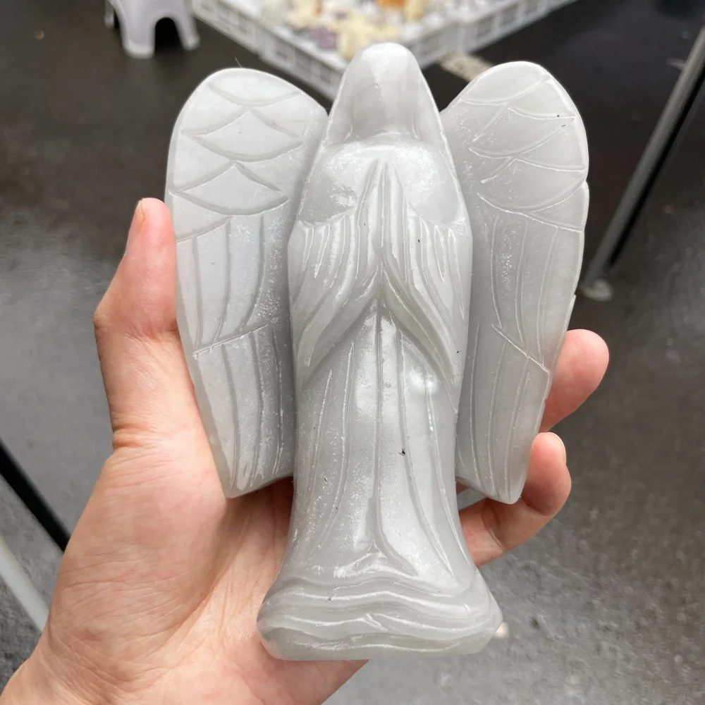 Natural White Calcite Praying Angel Statue - Crystal Guardian Angel Ornament for Meditation Home Decor & Gift