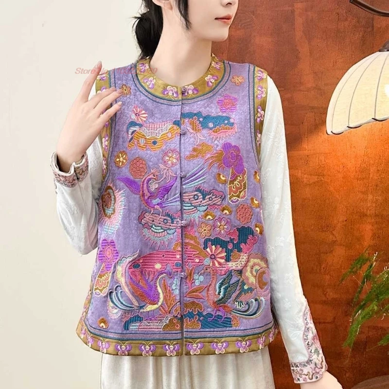 

2026 китайские винтажные топы ханьфу, традиционный атласный жаккардовый жилет с воротником-стойкой, жилет без рукавов с вышивкой феникса в стиле ретро