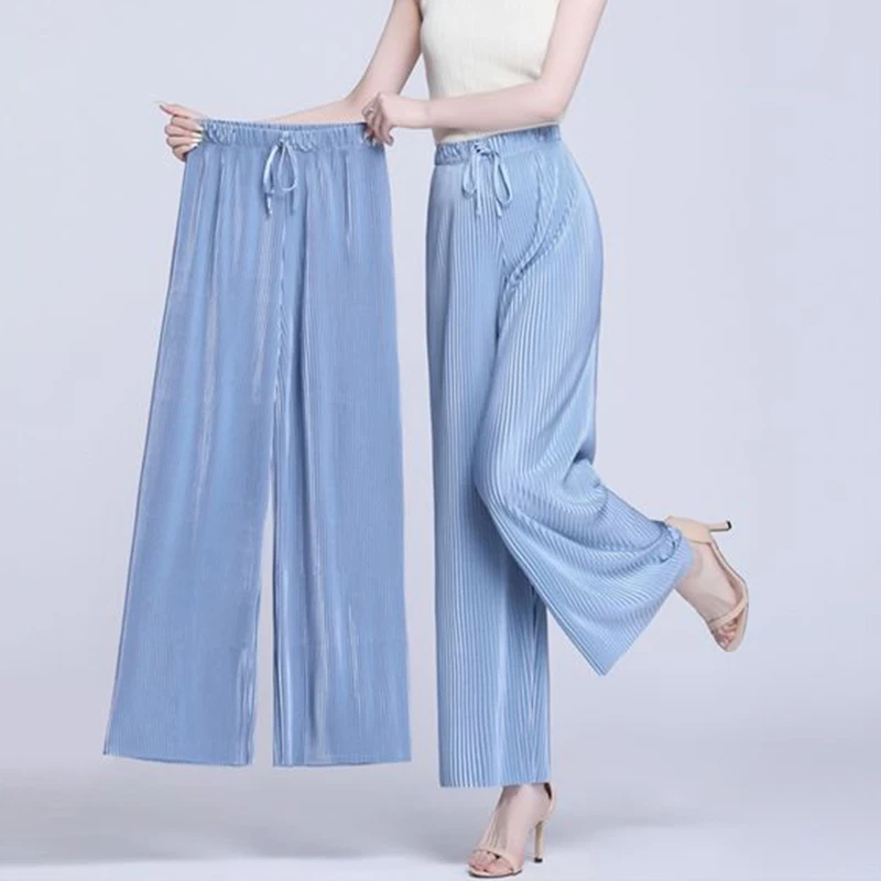 Summer Ankle-length 95cm Wide Leg Pants Oversized 4xl Women Baggy Pantalones Thin Ice Silk Spodnie High Waist Straight Trousers