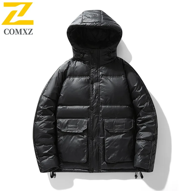 COMXZ Men's Hooded Puffer Jacket Winter  Streetwear Coat Windproof Water-Resistant American Style Thickened Warm Outerwear