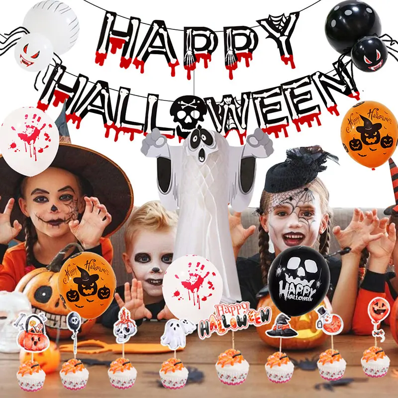 

Halloween Balloons Dining Table Party Set Blood Handprints Skull Scary Room Decoration Party Aluminum Halloween Party Supplies