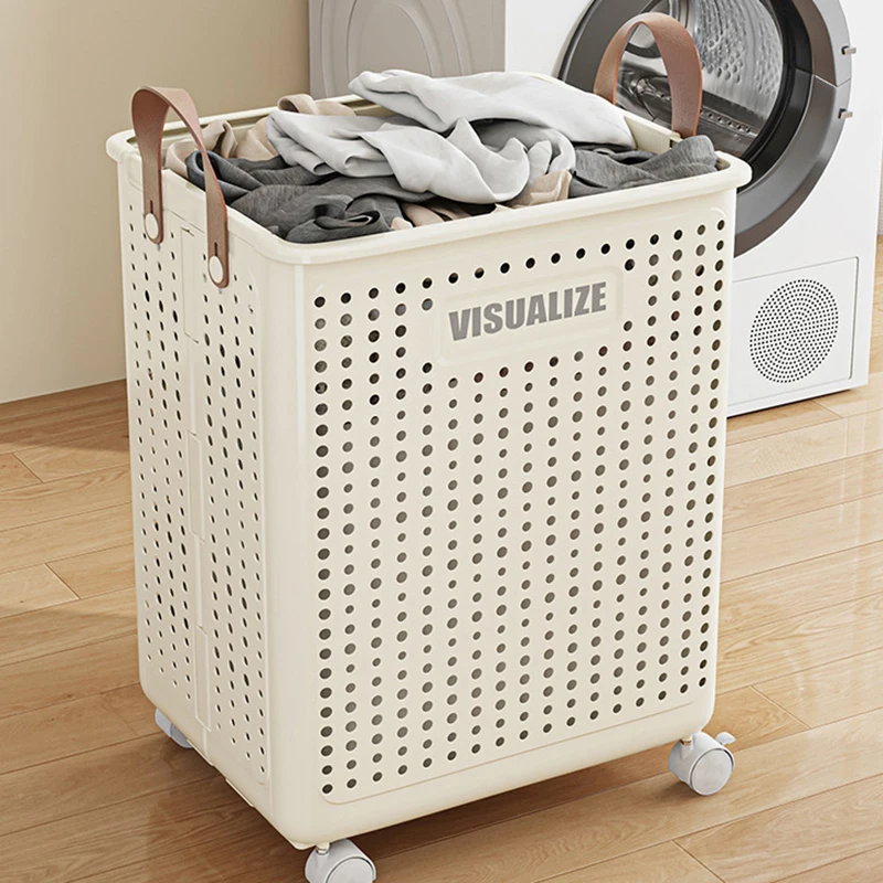 Folding Household Wheeled Plastic Laundry Basket, Storage Basket, Large Capacity Bathroom Laundry Basket