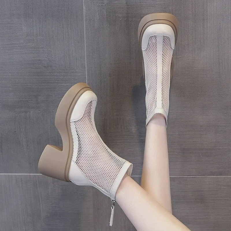 

Летние белые женские ботильоны на толстом каблуке с сетчатыми вставками, дышащие, тонкие, короткие