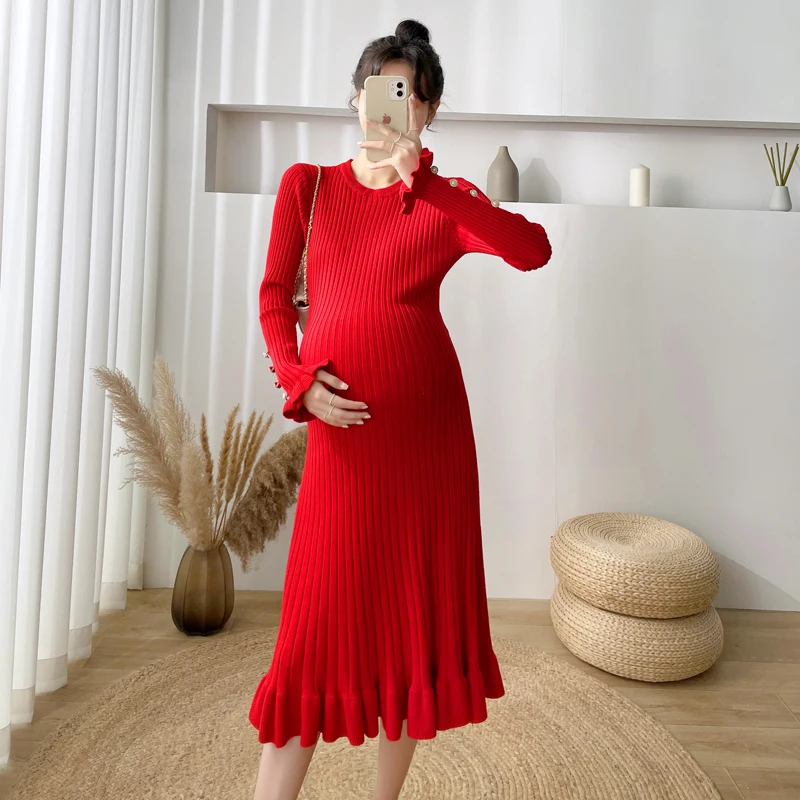 Autumn Winter Knitted Maternity Long Sweaters Chic Ins Elegant A Line Slim Dress Clothes for Pregnant Women Pregnancy