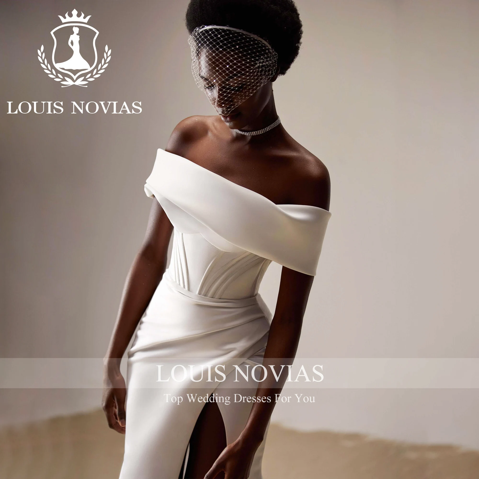 

LOUIS NOVIAS Mermaid Wedding Dress Off the Shoulder Boat Neck Lace Up Thigh Split Wedding Gown Sheath Trumpet Prom Dresses