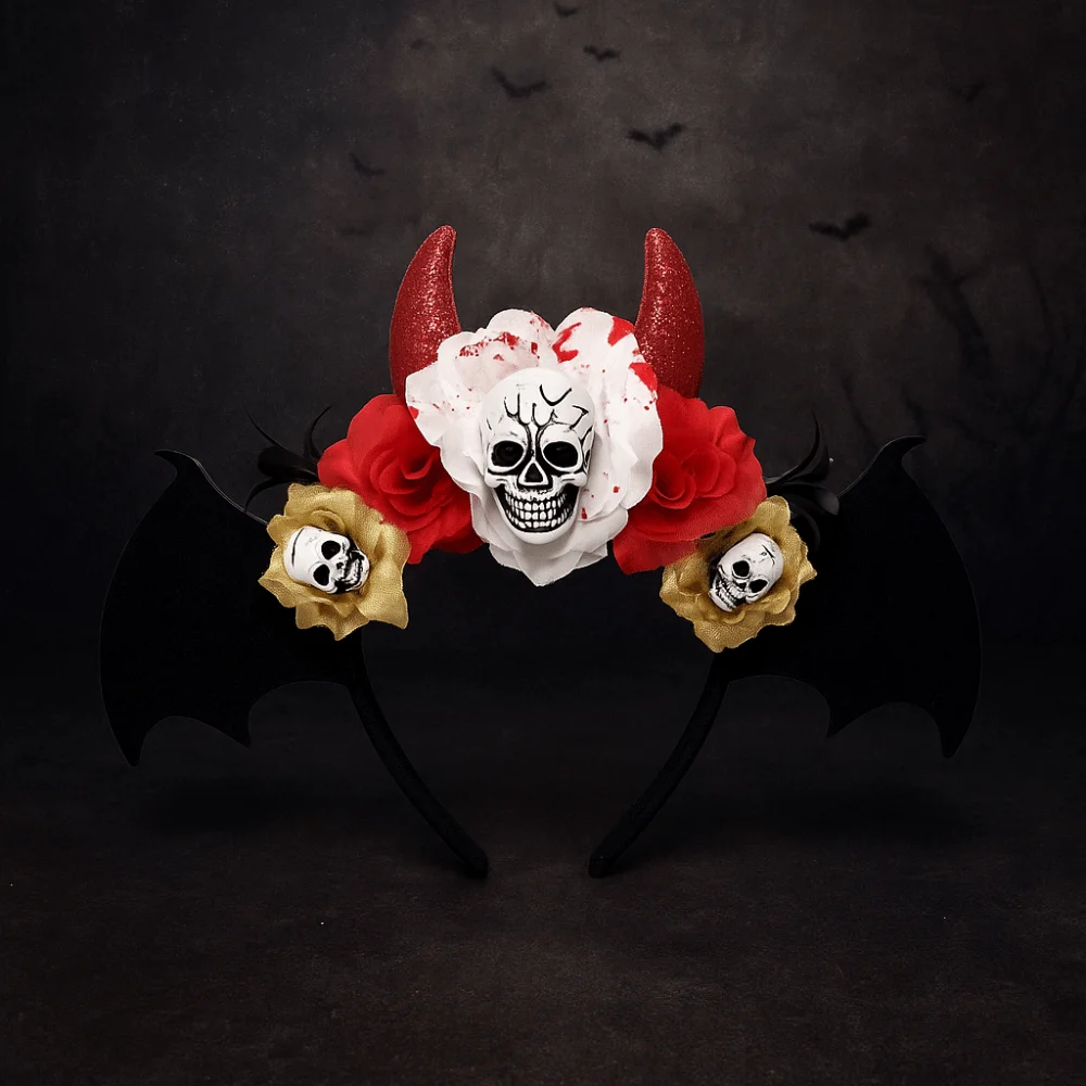 

Gothic Skull Head Hair Hoop Dark Bat Halloween Skull Headband Decor Simulation Flowers Day of The Dead Hairband Haunted House