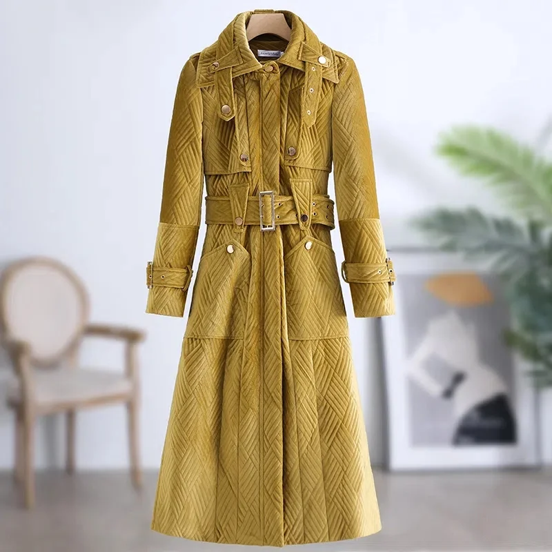 Female New Medium Long Knee-Length New Waist Warm Slim Padded Coat Women Autumn Winter British Style Yellow Cotton-Padded Jacket