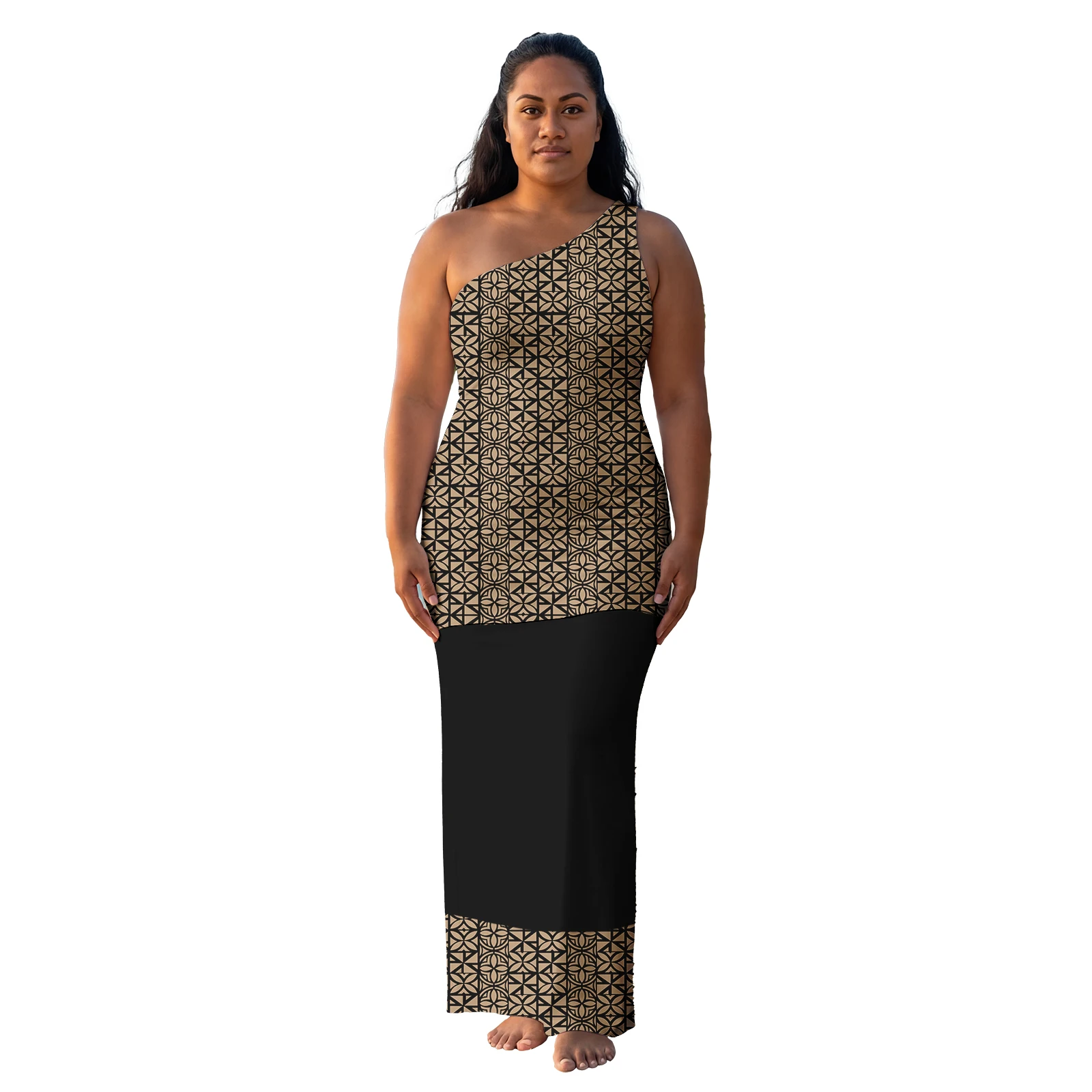 

Ethnic Style Fiji Dresses Polynesian Tribal Custom Ladies Clothes Plus Size Tapa Design One Shoulder Samoan Puletasi for Women