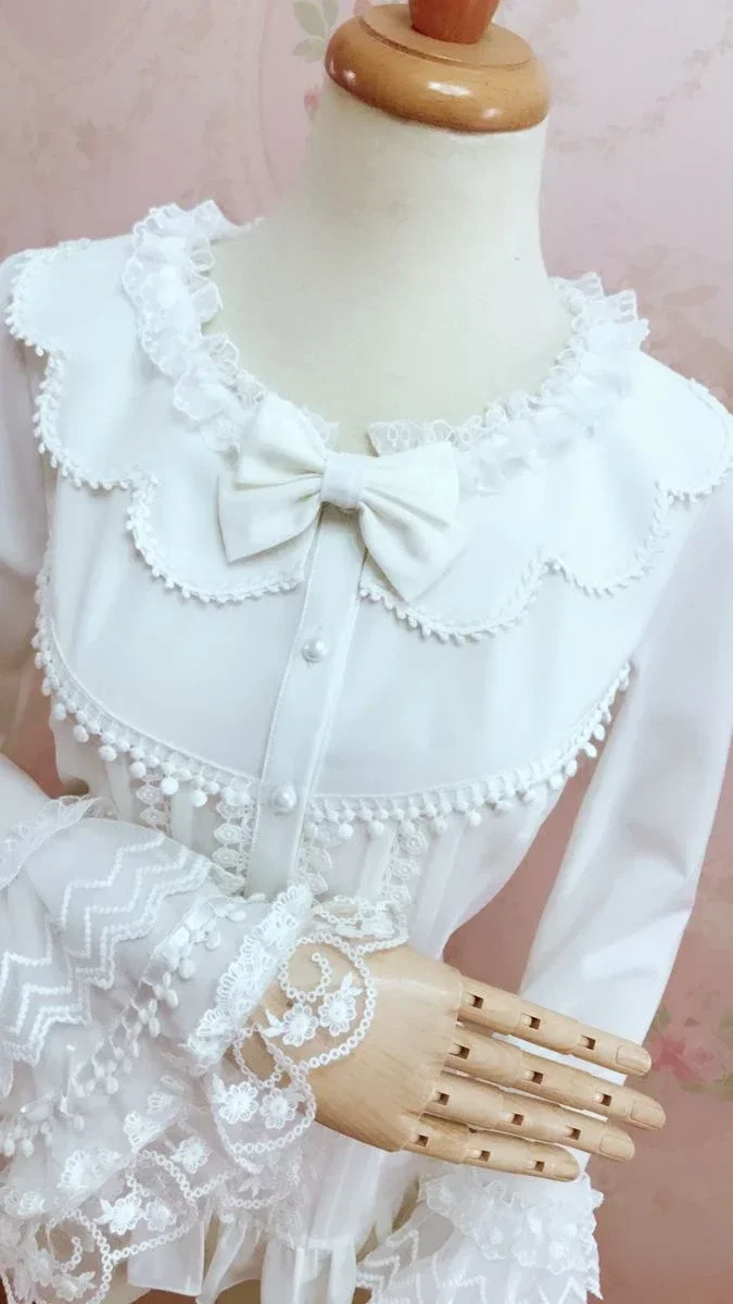 Gorgeous Retro Style Female Lolita White Blouse Sweet Long Bell Sleeve Shirt with Tassels